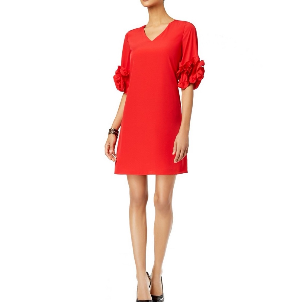 NWOT RED HOT ALFANI midi sheath dress w/ 3/4 ruffle sleeves